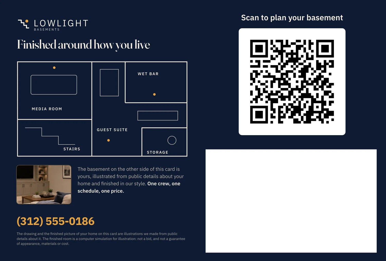 The back of the same card: what the firm does, a large QR code, the note that both pictures are illustrations, and the box the mail service prints the address in