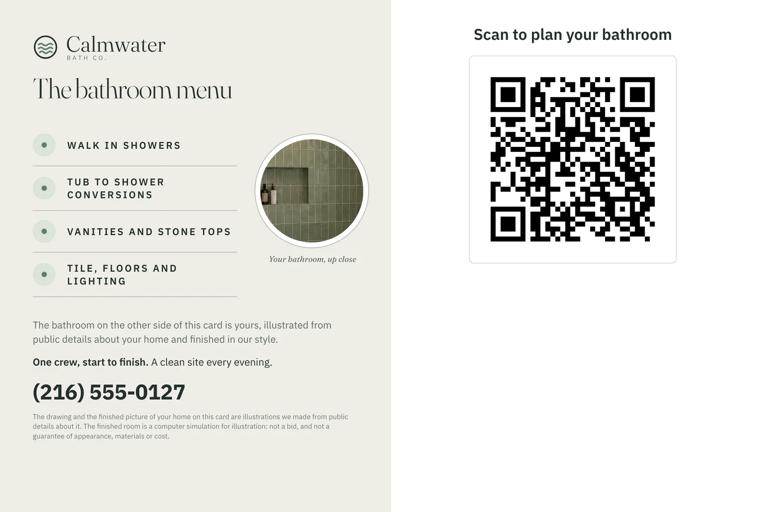 The back of the same card: what the firm does, a large QR code, the note that both pictures are illustrations, and the box the mail service prints the address in
