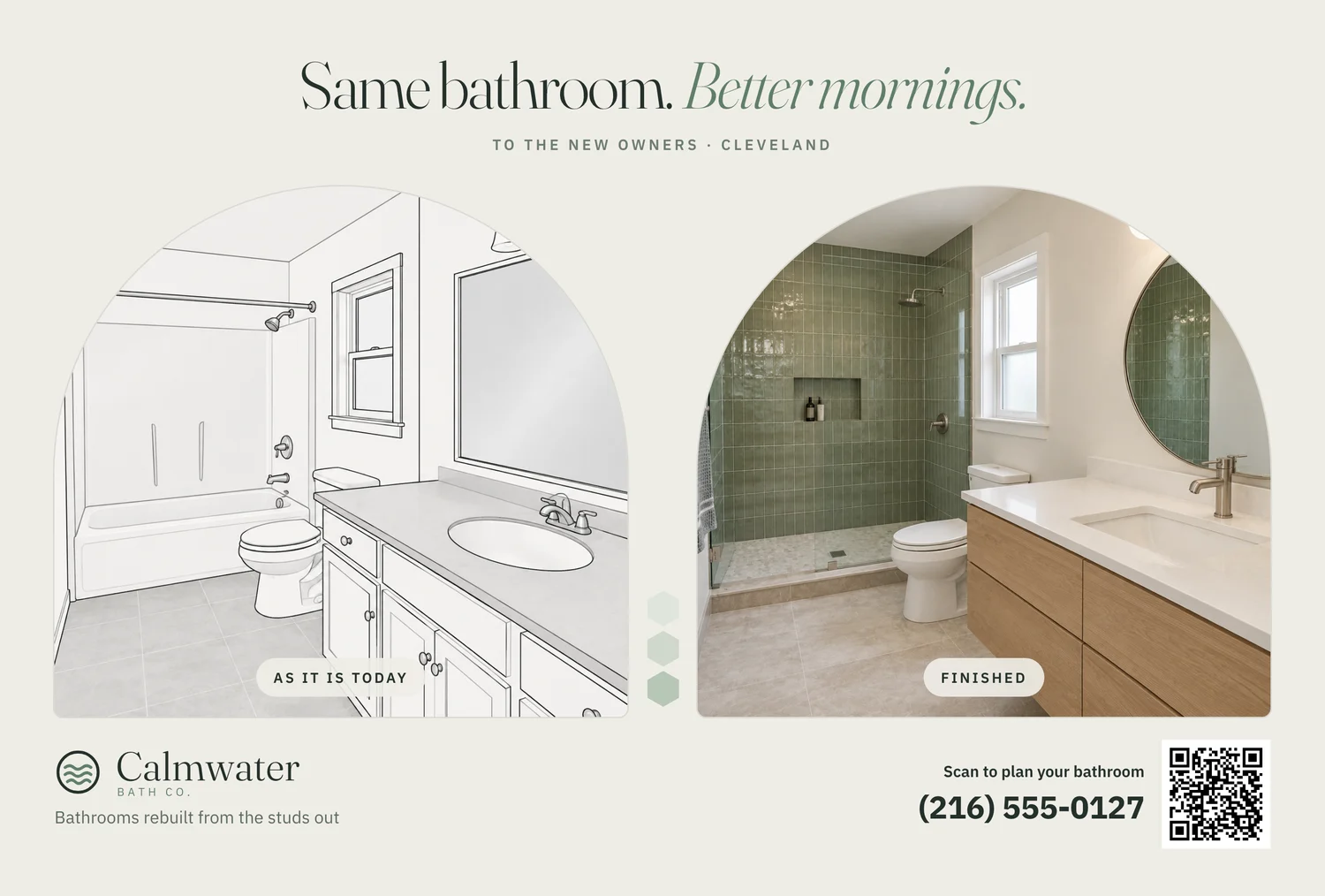 The front of a sample card for a fictional bathrooms firm, with the finished room, an illustration of the room as it is today, the logo, the phone number and a QR code