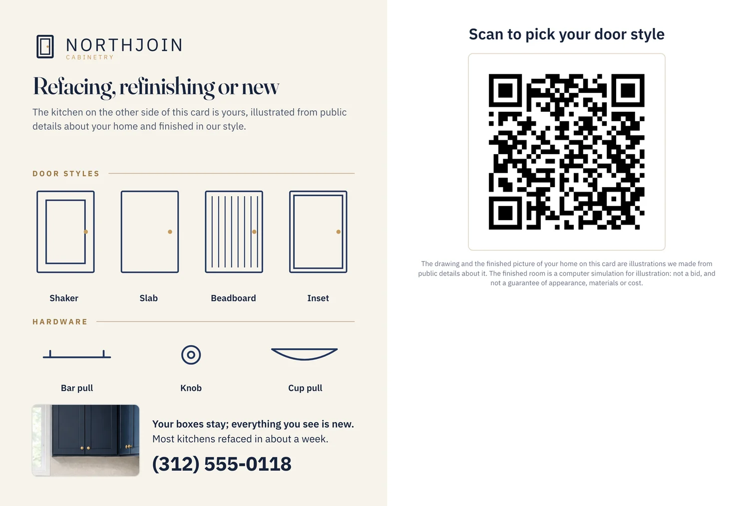 The back of the same card: what the firm does, a large QR code, the note that both pictures are illustrations, and the box the mail service prints the address in