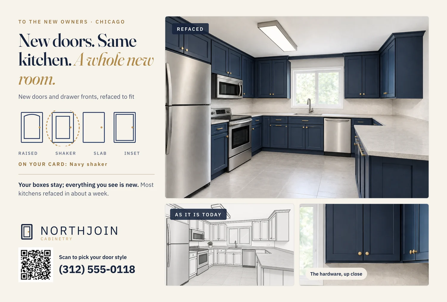 The front of a sample card for a fictional cabinets firm, with the finished room, an illustration of the room as it is today, the logo, the phone number and a QR code