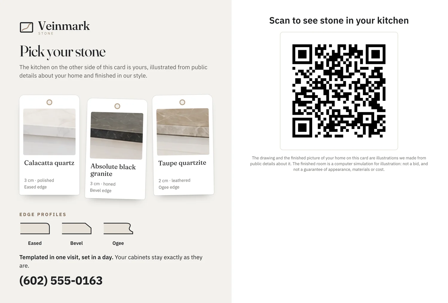 The back of the same card: what the firm does, a large QR code, the note that both pictures are illustrations, and the box the mail service prints the address in