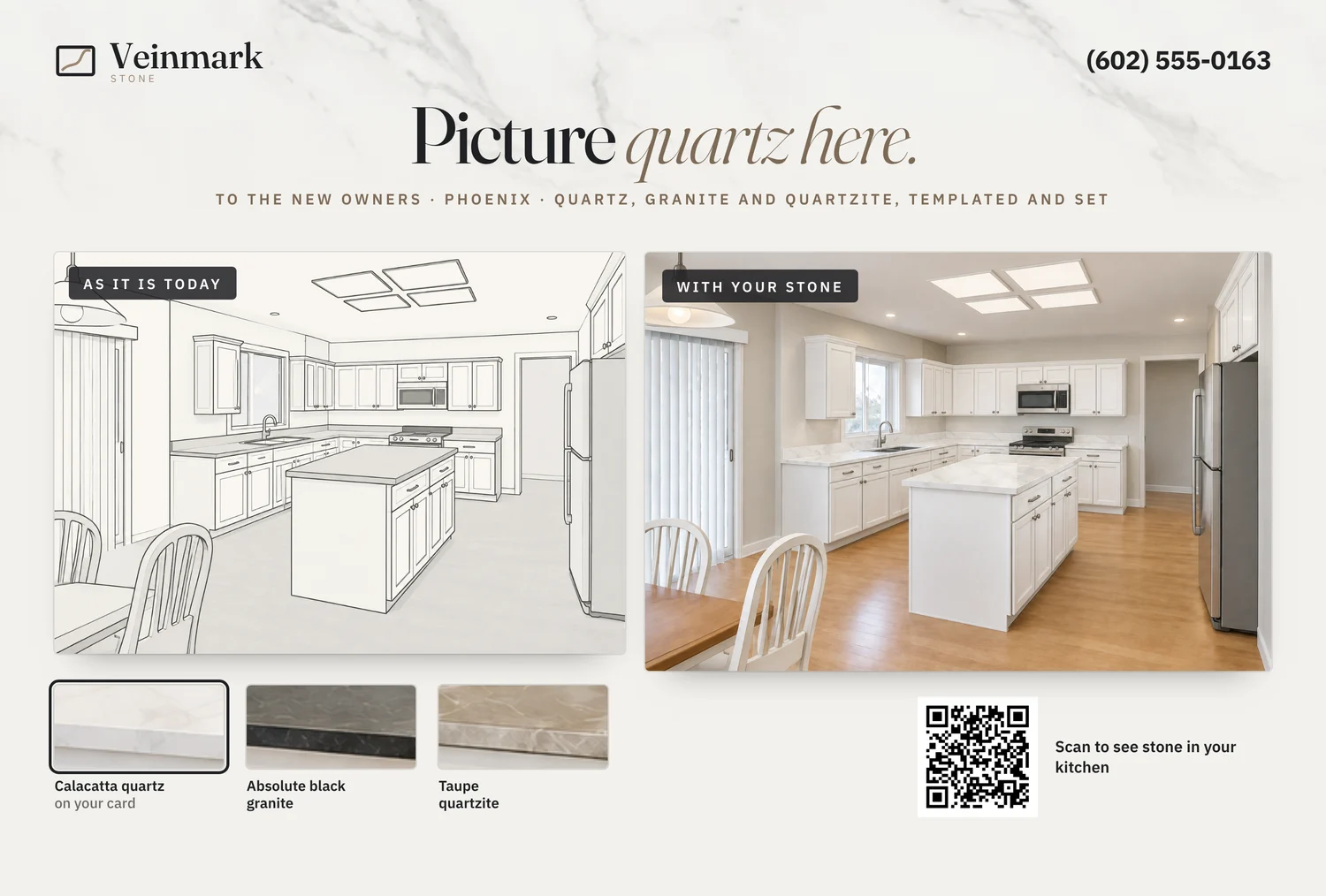 The front of a sample card for a fictional countertops firm, with the finished room, an illustration of the room as it is today, the logo, the phone number and a QR code