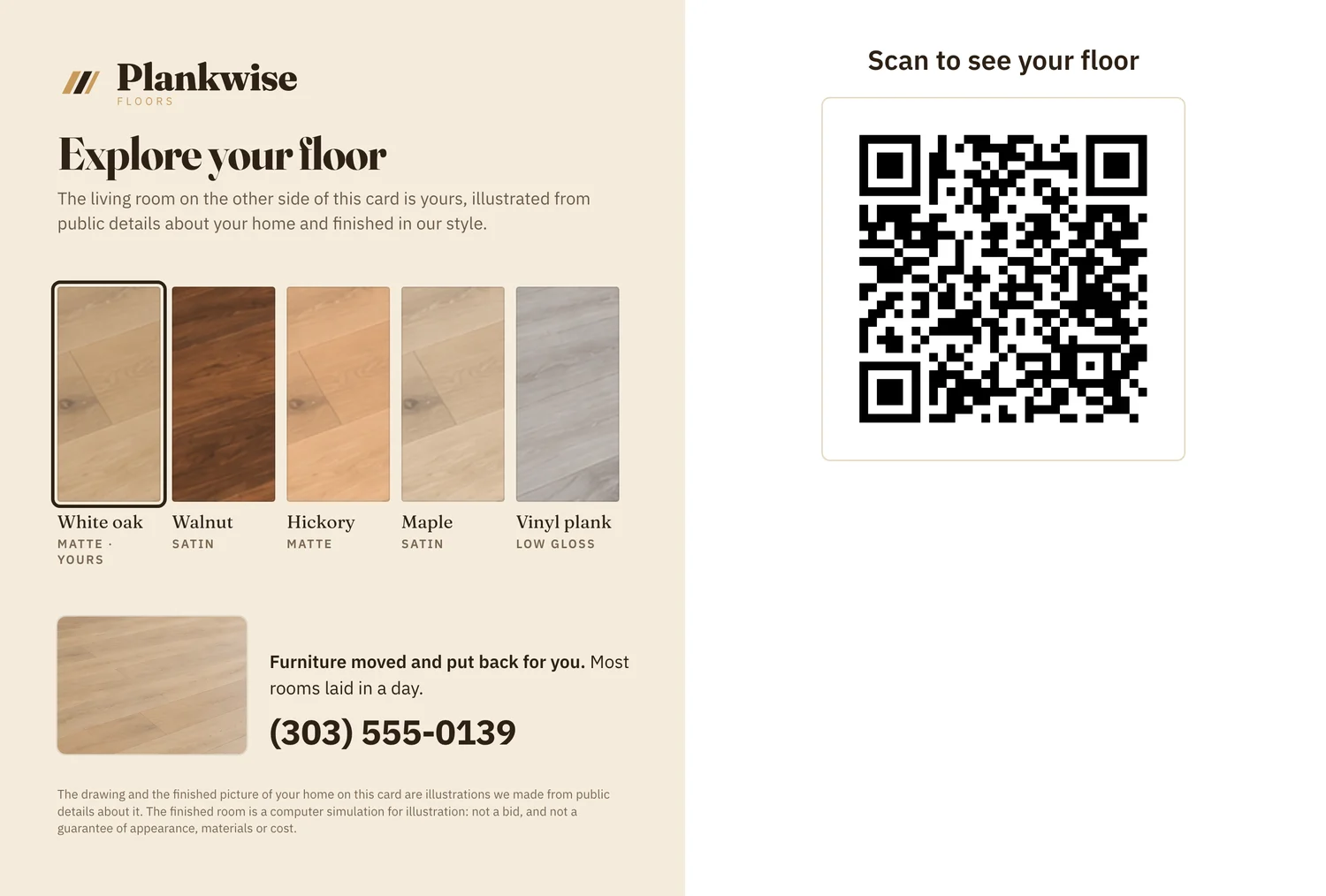The back of the same card: what the firm does, a large QR code, the note that both pictures are illustrations, and the box the mail service prints the address in