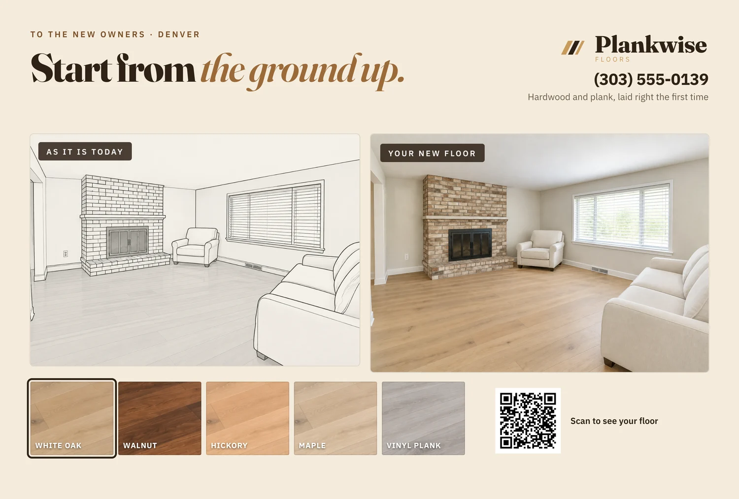 The front of a sample card for a fictional floors firm, with the finished room, an illustration of the room as it is today, the logo, the phone number and a QR code