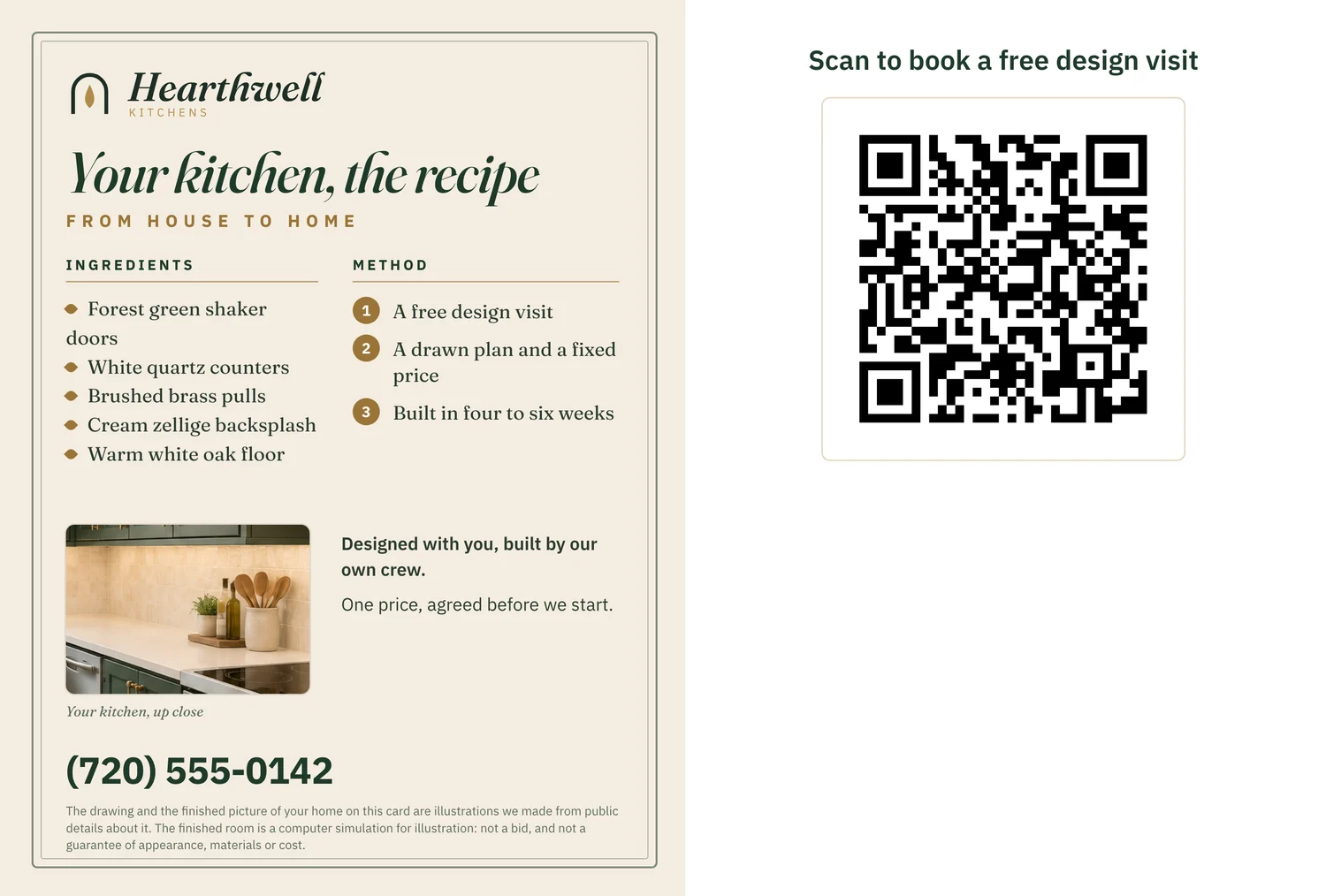 The back of the same card: what the firm does, a large QR code, the note that both pictures are illustrations, and the box the mail service prints the address in
