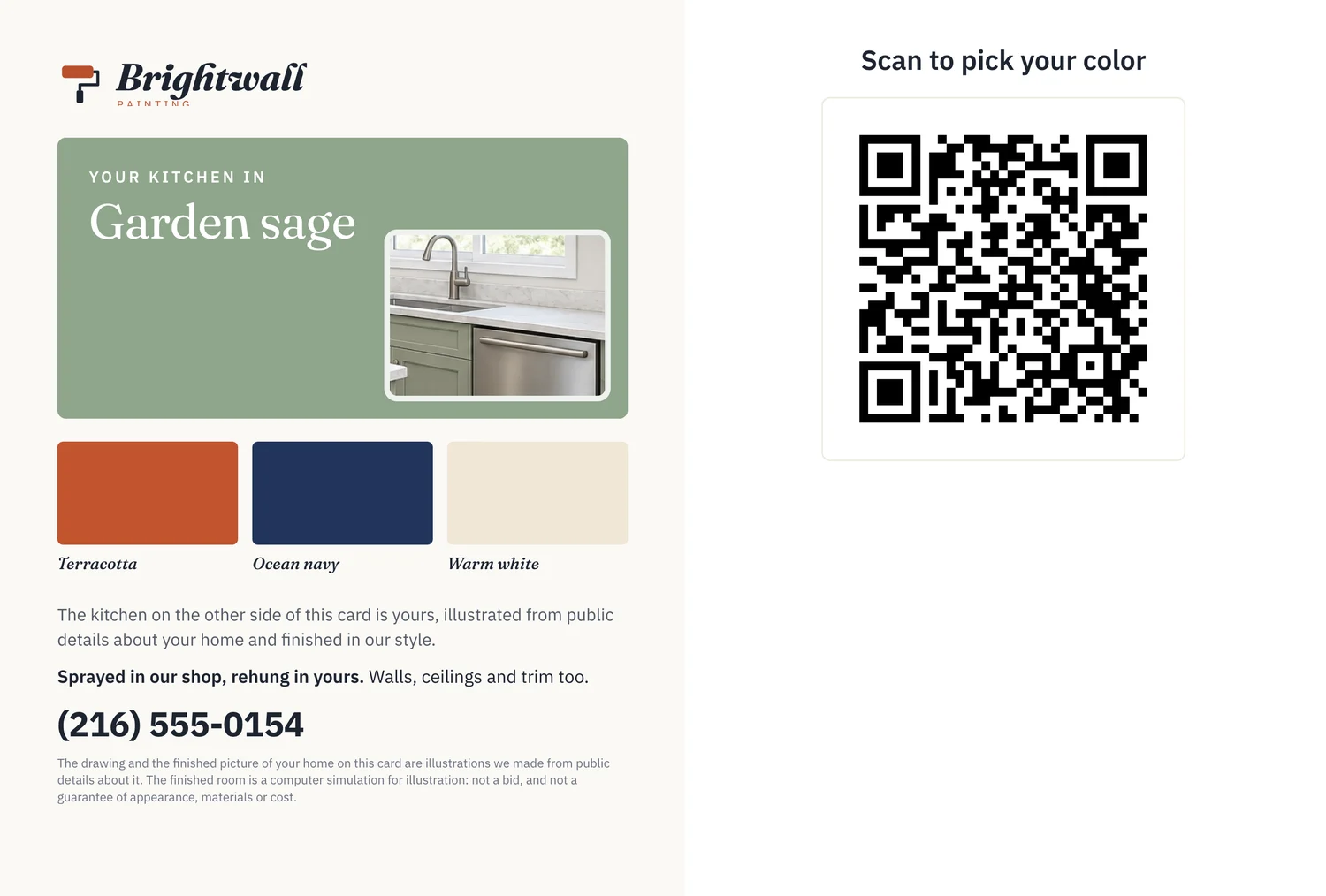 The back of the same card: what the firm does, a large QR code, the note that both pictures are illustrations, and the box the mail service prints the address in