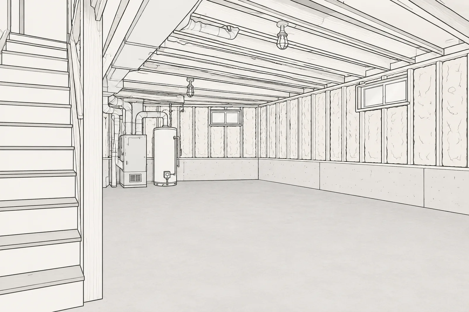 Our drawing of an unfinished basement in a house that just sold, seen through its lit window