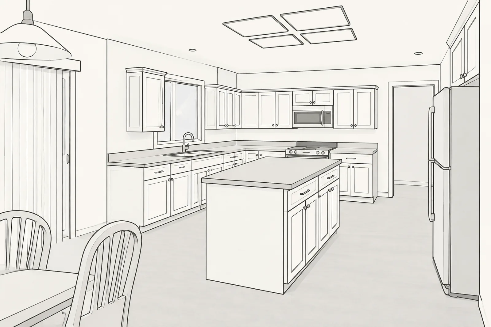 Our drawing of a kitchen that just sold, seen through a sink cutout in a stone slab