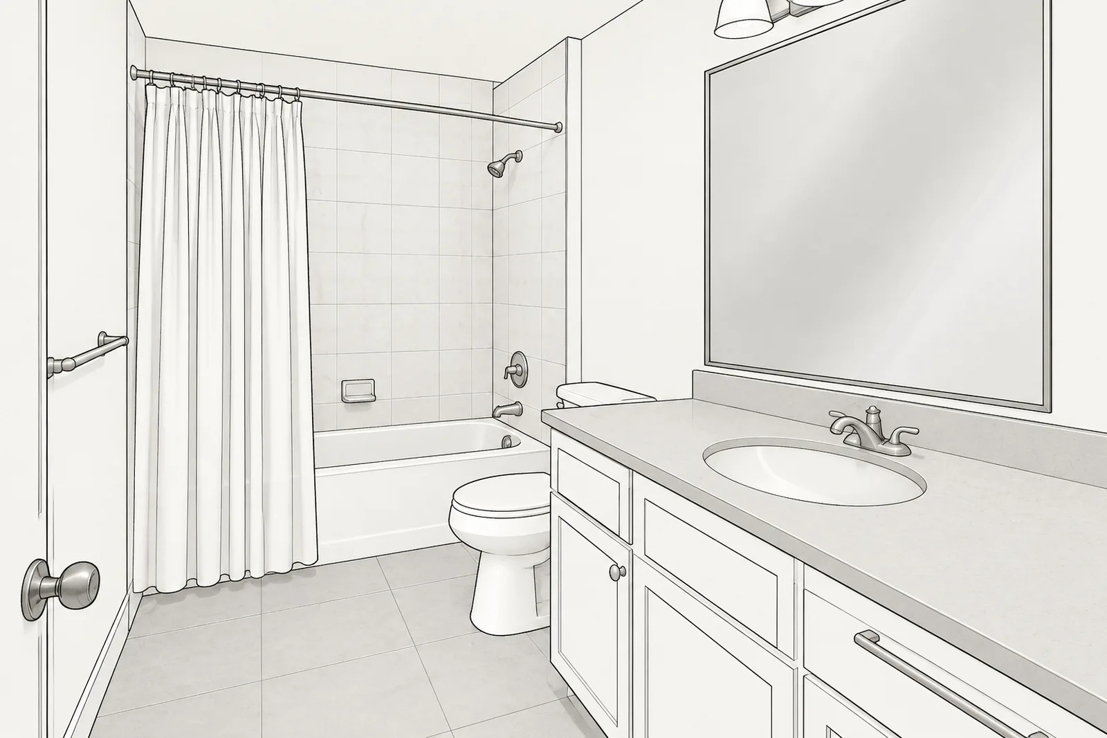 Our drawing of a bathroom that just sold, behind steamed up shower glass